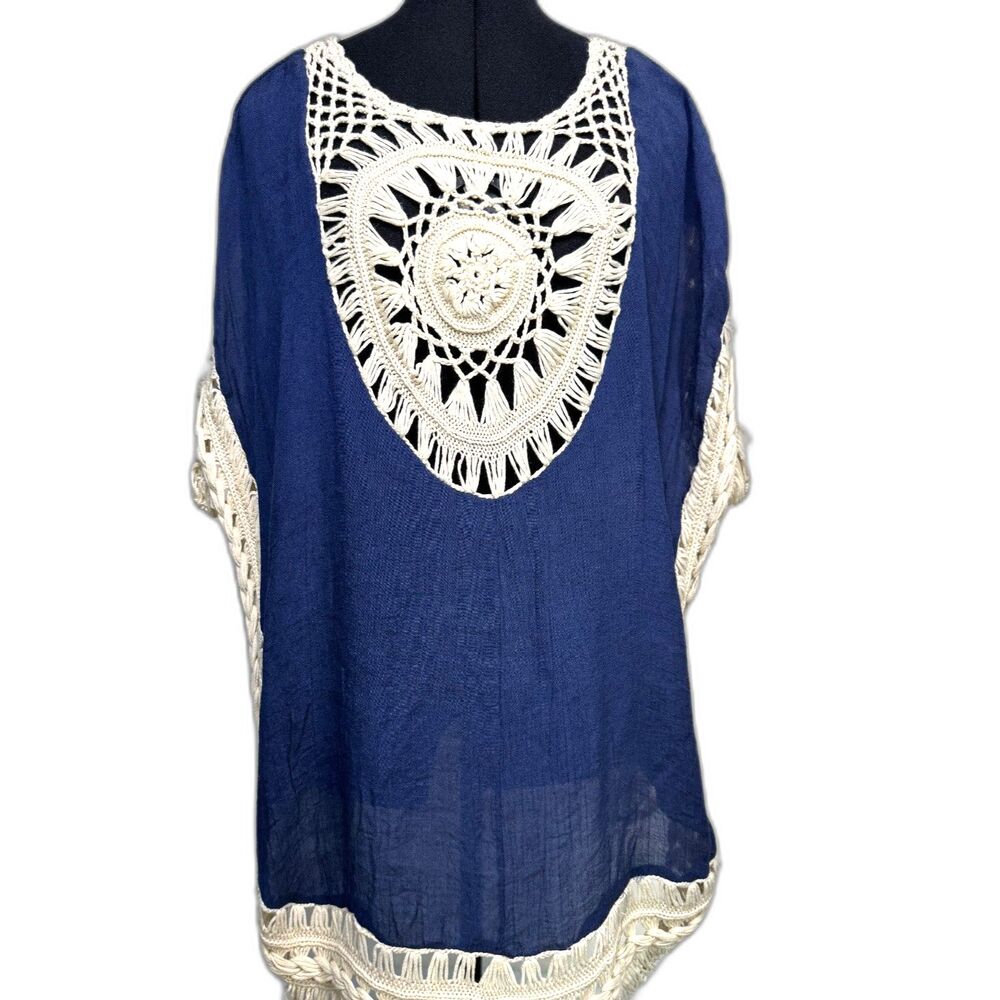 Rima oversized lace crochet knitted boho tunic top blue cream
